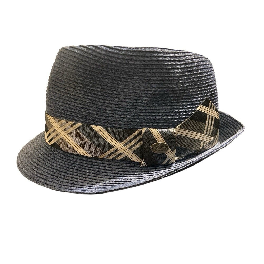 Bailey of Hollywood Fedora Hat Size Medium Navy Blue Plaid Band 100% Paper Straw
